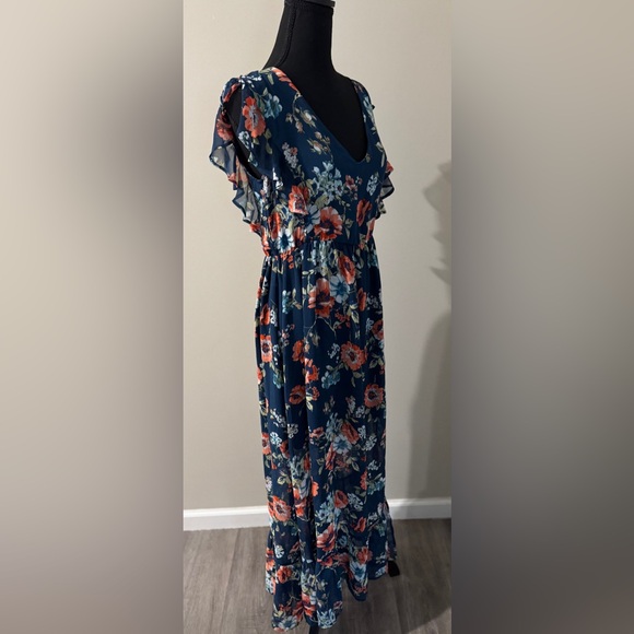 Navy Floral Maxi Dress Flutter Sleeve V Neck Smocked Waist Ruffle Hem - Picture 6 of 12